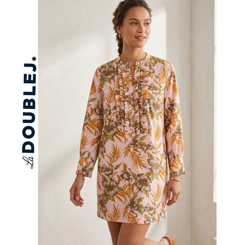 La DoubleJ Mantero Pink Floral Ruffle Bib Shift Mini Dress Small Made in Italy